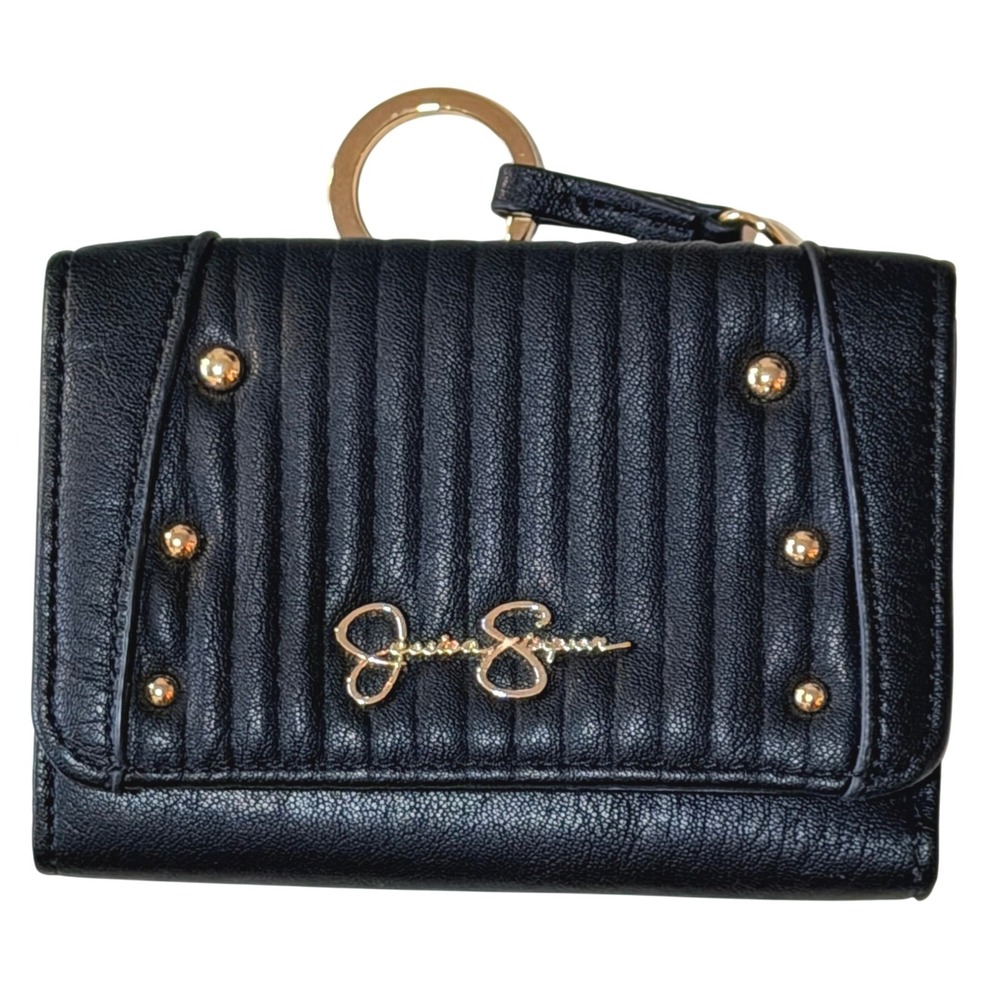 Jessica Simpson Wallet Womens Black Faux Leather Quilted Trifold Key Ring Studs